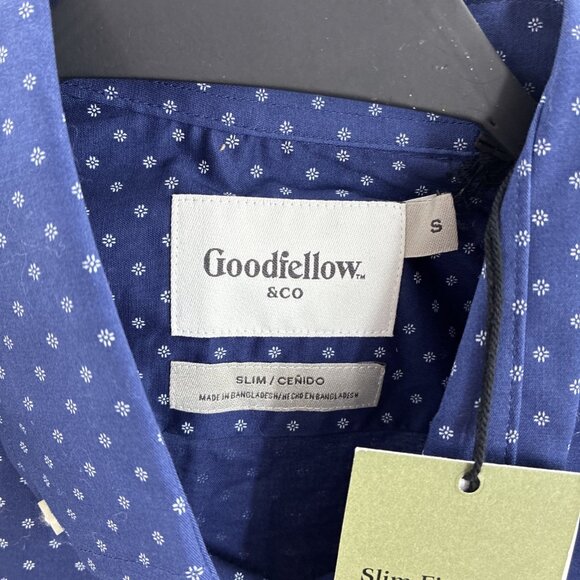 Goodfellow Co Mens S Navy Blue Dot Print Long Sleeve Slim Button Up Shirt New - Picture 4 of 6